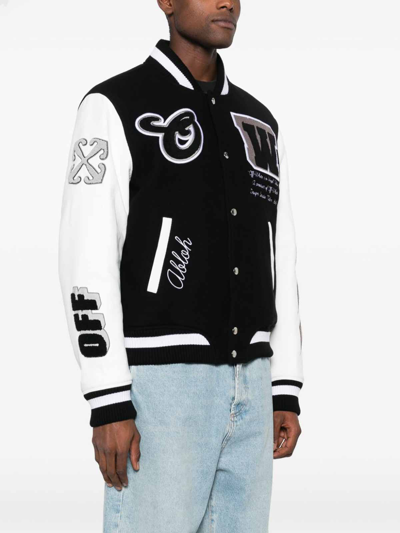 Off-white Leather And Wool Varsity Bomber In Black