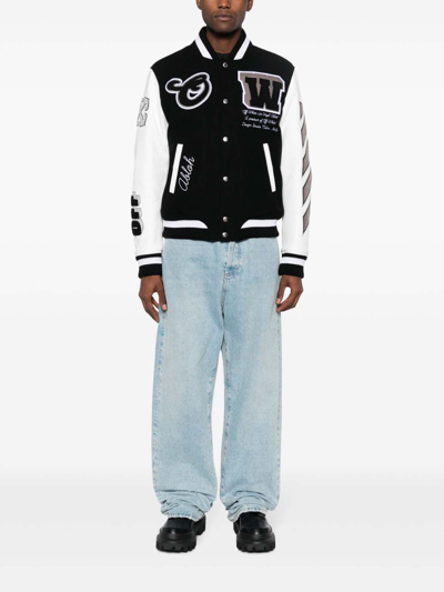 Off-white Leather And Wool Varsity Bomber In Black