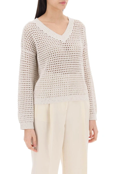 Shop Brunello Cucinelli Dazzling Net Cotton Sweater Women In Cream
