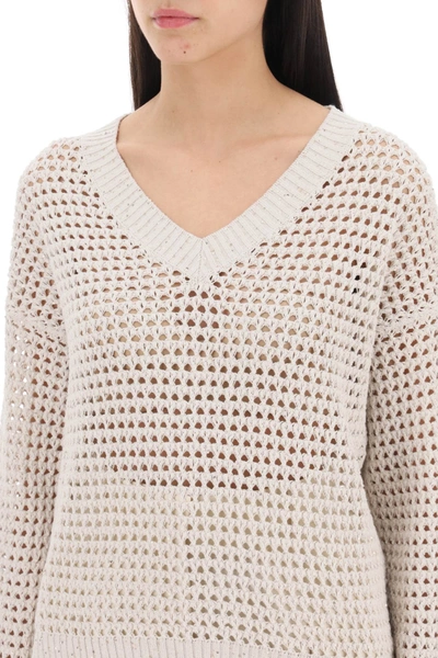Shop Brunello Cucinelli Dazzling Net Cotton Sweater Women In Cream