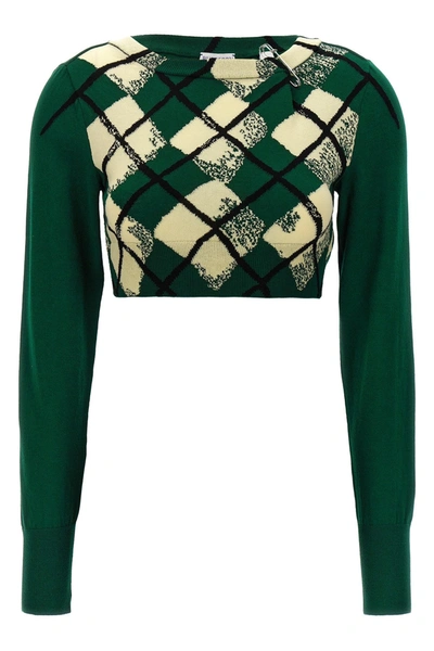 Burberry Check Cotton Knit Long Sleeve Sweater In Green