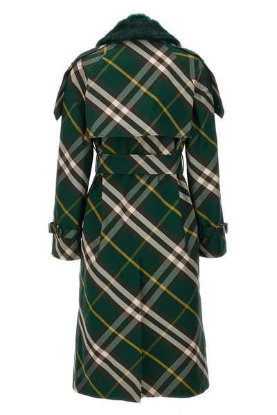 Shop Burberry Women Check Long Gabardine Trench Coat In Green