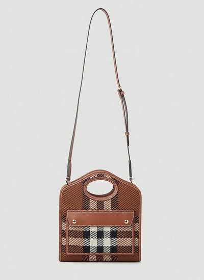 Shop Burberry Women Pocket Check Mini Shoulder Bag In Brown