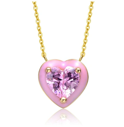 Rachel Glauber Young Adults/teens 14k Yellow Gold Plated With Pink Cubic Zirconia Pink Enamel Heart Pendant Necklac In Pink