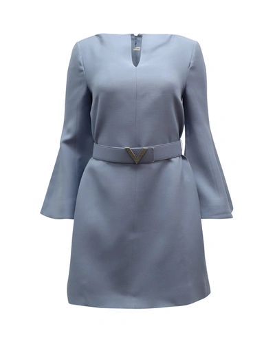 Shop Valentino Crystal-embellished Belted Mini Dress In Light Blue Wool