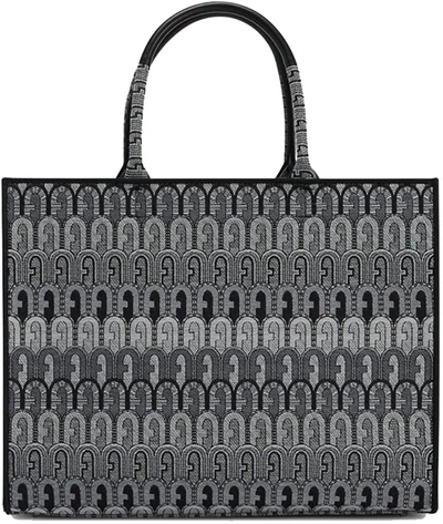 Shop Furla Women's Opportunity Jacquard Logo Tote Toni Grigio Bag In Black In Grey