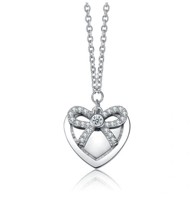 Shop Rachel Glauber White Gold Plated Bow Tie On Heart Shaped Pendant Necklace In Silver