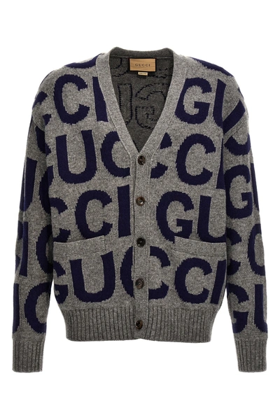 Gucci Logo-intarsia Wool Cardigan In Gray
