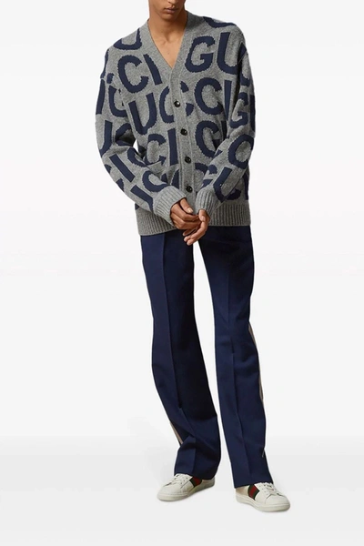 Gucci Logo-intarsia Wool Cardigan In Gray