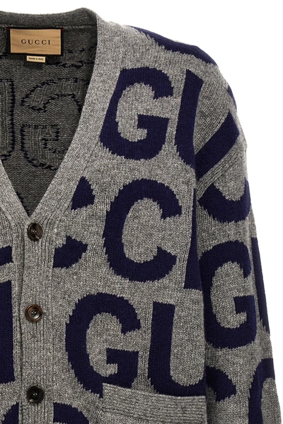 Gucci Logo-intarsia Wool Cardigan In Gray