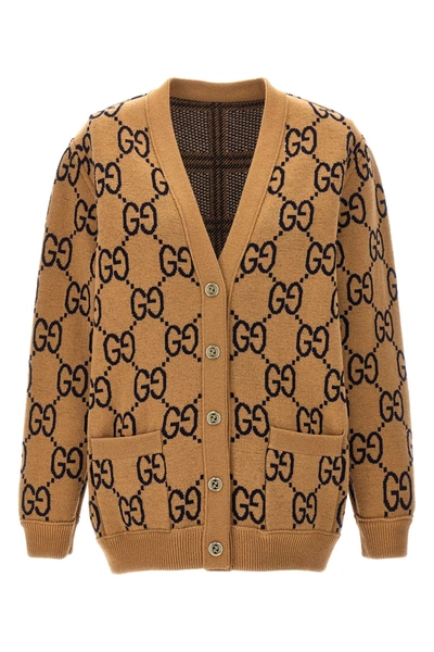 Shop Gucci Women Check And 'gg' Reversible Cardigan In Cream