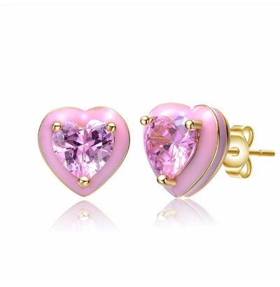 Rachel Glauber Young Adults/teens 14k Yellow Gold Plated With Pink Cubic Zirconia And Pink Enamel Heart Stud Earrin In Pink