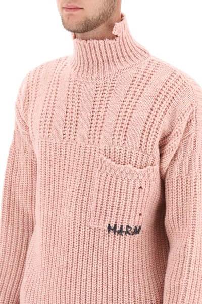 Shop Marni Funnel-neck Sweater In Destroyed-effect Wool Men In Pink