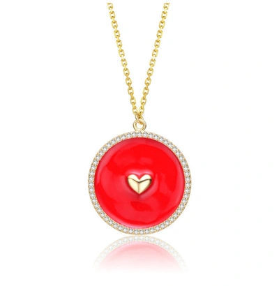 Rachel Glauber 14k Yellow Gold Plated With Clear Cubic Zirconia And Colored Enamel Round Pendant In Red