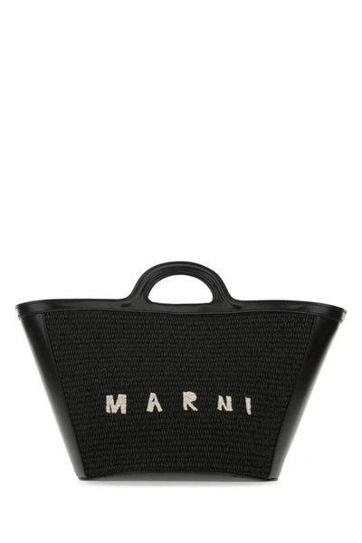 Shop Marni Woman Black Leather And Raffia Small Tropicalia Summer Handbag