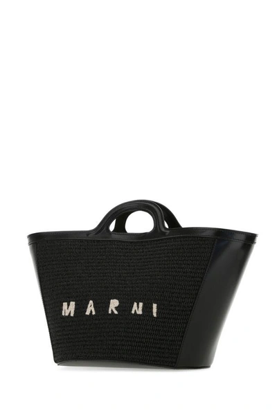 Shop Marni Woman Black Leather And Raffia Small Tropicalia Summer Handbag