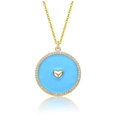 Rachel Glauber 14k Yellow Gold Plated With Clear Cubic Zirconia And Colored Enamel Round Pendant In Blue