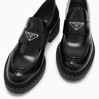 Shop Prada Chocolate Loafers In Black Brushed Leather Women