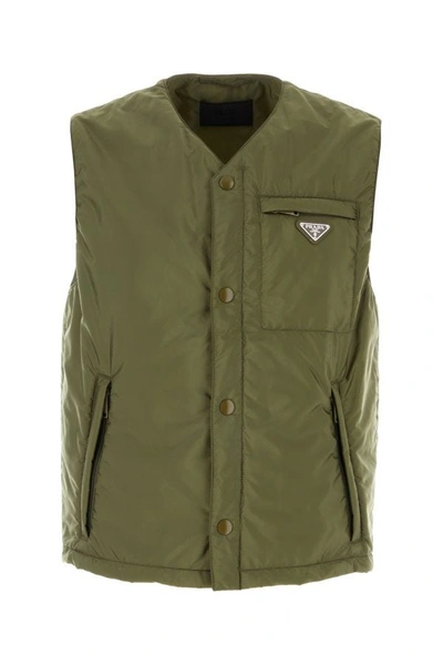 Shop Prada Man Army Green Nylon Sleeveless Padded Jacket
