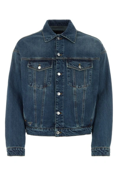 Shop Prada Man Denim Jacket In Blue