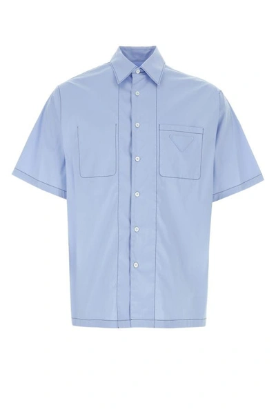 Shop Prada Man Light Blue Stretch Poplin Shirt