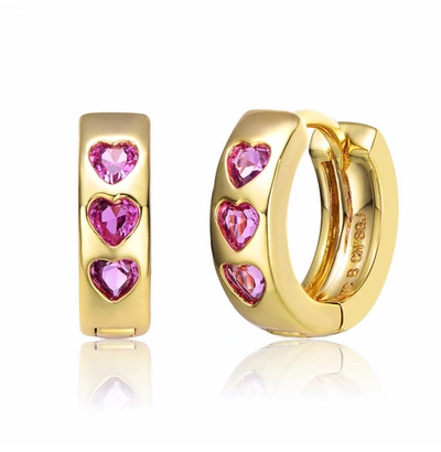 Rachel Glauber Young Adults/teens 14k Yellow Gold Plated With Heart Pink Cubic Zirconia Hoop Earrings In Pink