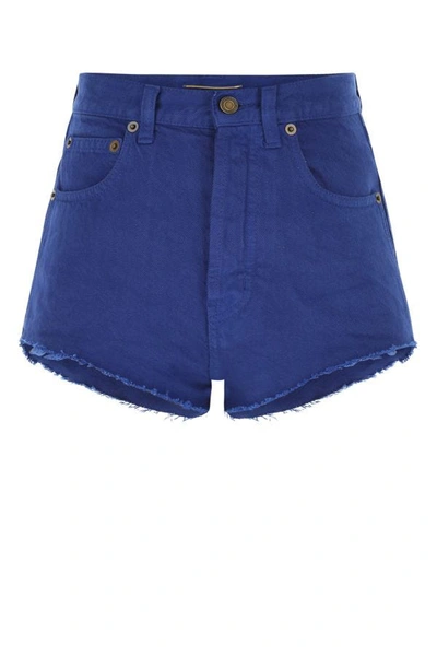 Shop Saint Laurent Woman Electric Blue Denim Shorts