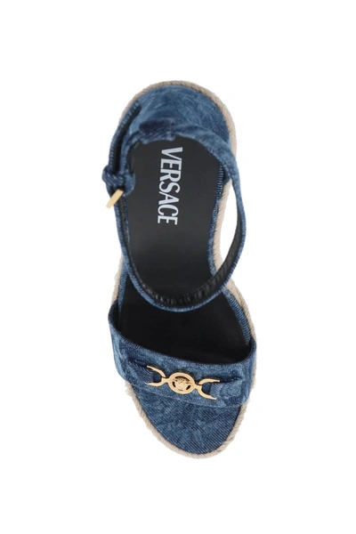 Shop Versace Denim Barocco Wedge Sandals Women In Blue