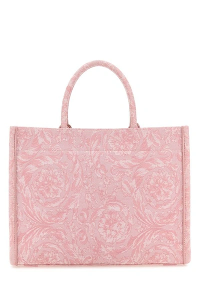 Shop Versace Woman Embroidered Canvas Athena Barocco Shopping Bag In Pink