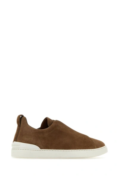 Shop Zegna Man Cappuccino Suede Triple Stitch Slip Ons In Brown