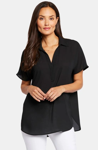 Nydj Becky Leaf Print Split Neck Woven Top In Black