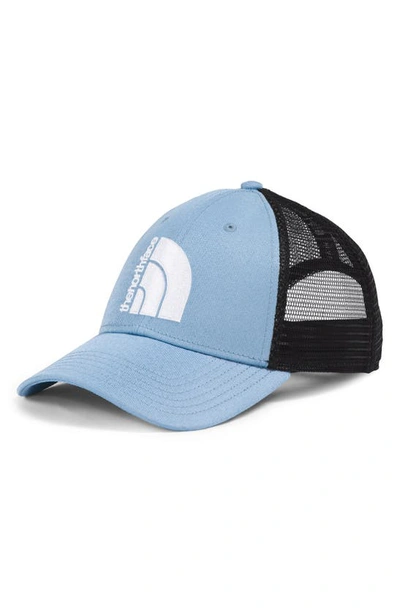 Shop The North Face Mudder Recycled Trucker Hat In Steel Blue/ Jumbo Hd Logo
