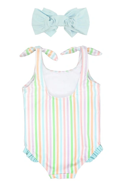 Shop Rufflebutts Kids' Stripe One-piece Swimsuit & Headband Set In Pale Rainbow