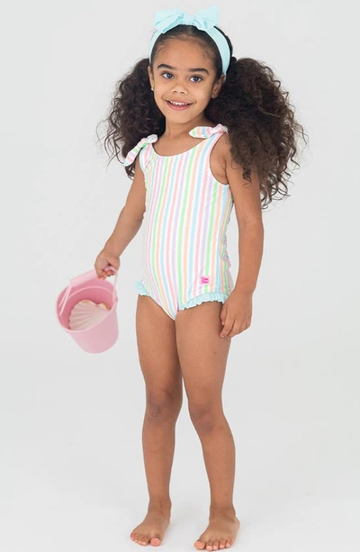 Shop Rufflebutts Kids' Stripe One-piece Swimsuit & Headband Set In Pale Rainbow