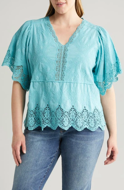 Shop Wit & Wisdom Embroidered Lace Top In Island Sky