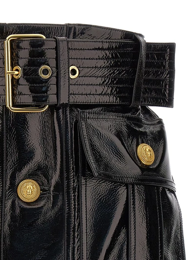 Shop Balmain Belt-up Shiny Leather Skirt In Black