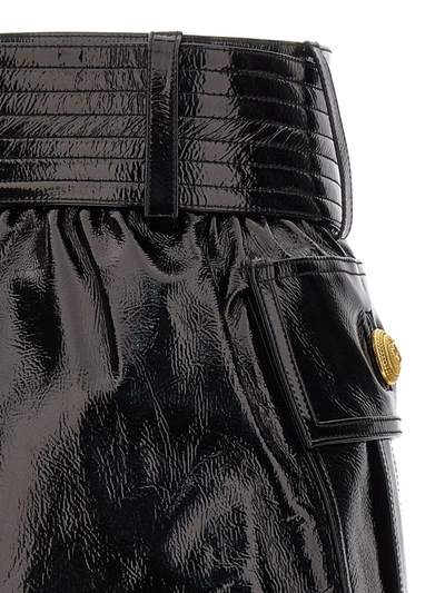 Shop Balmain Belt-up Shiny Leather Skirt In Black