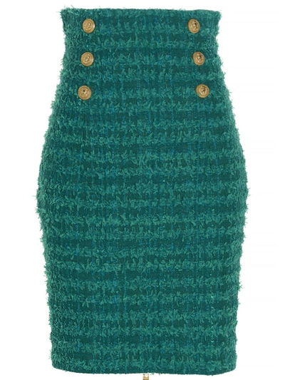 Shop Balmain Logo Button Tweed Skirt In Blue