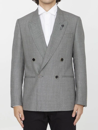 Lardini Double-breasted Jacket In Wool Silk And Linen In White