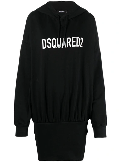 Shop Dsquared2 Logo Print Hooded Dress In Black