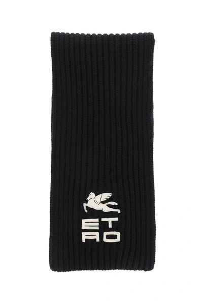 Shop Etro Wool Scarf With Logo In Black