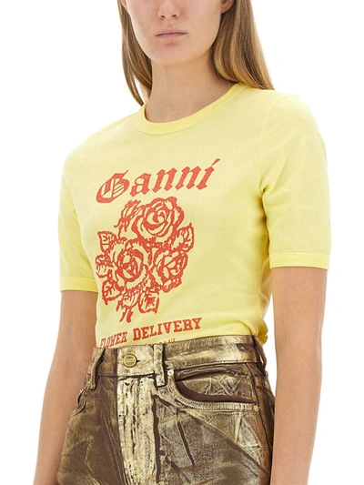 Shop Ganni T-shirt With Logo In Yellow