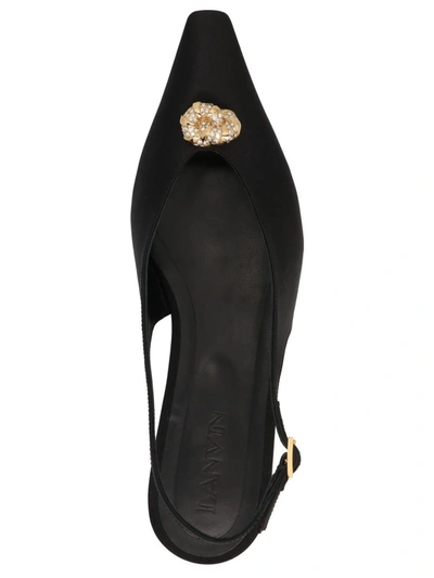 Lanvin Pointed Toe Black Satin Ballerinas With Slingback Design In Black