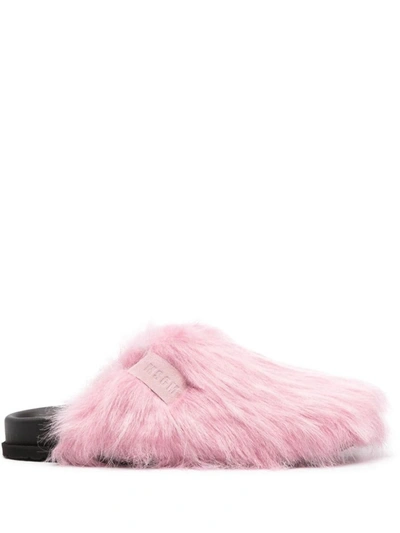 Shop Msgm Logo-patch Brushed Leather Mules In Pink