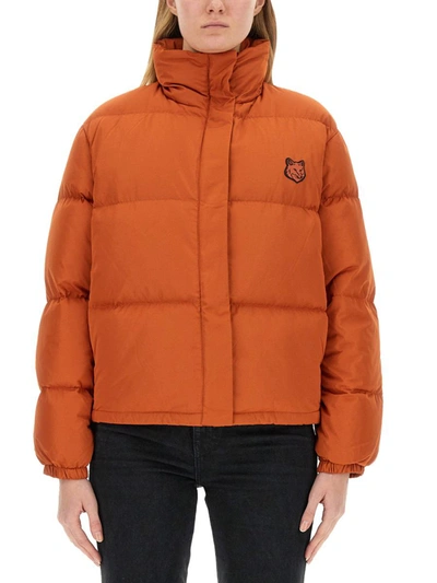 Shop Maison Kitsuné Cropped Puffer Jacket In Orange