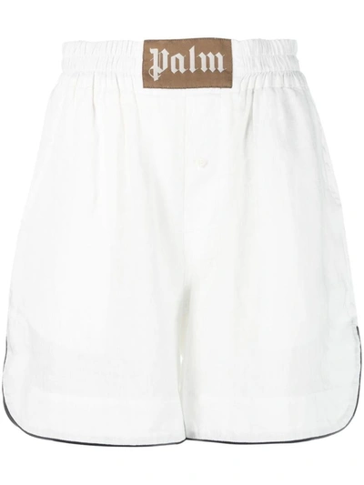 Shop Palm Angels Logo-patch Linen Shorts In Off White Beige