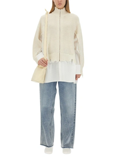 Shop Mm6 Maison Margiela Ribbed Cardigan With Zipper In White