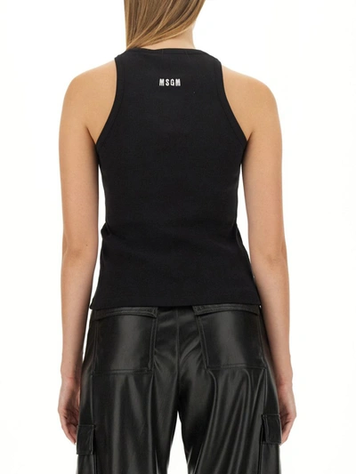 Msgm Ribbed Sleeveless Cotton Tops With Embroidered Detail In Black