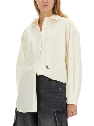 Shop Palm Angels Shirt With Embroidered Logo In Ivory