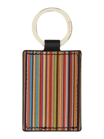 Paul Smith Striped Rectangular Leather Keychain In Multi